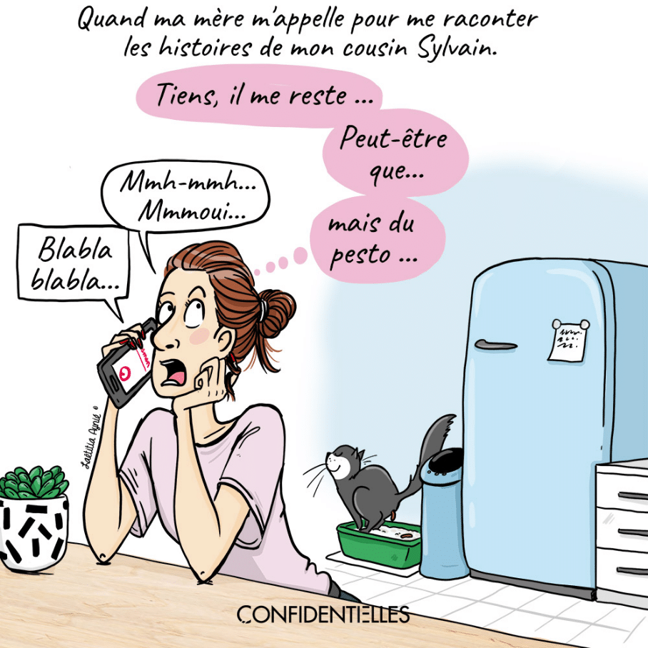 femme au téléphone, chat sur sa litière