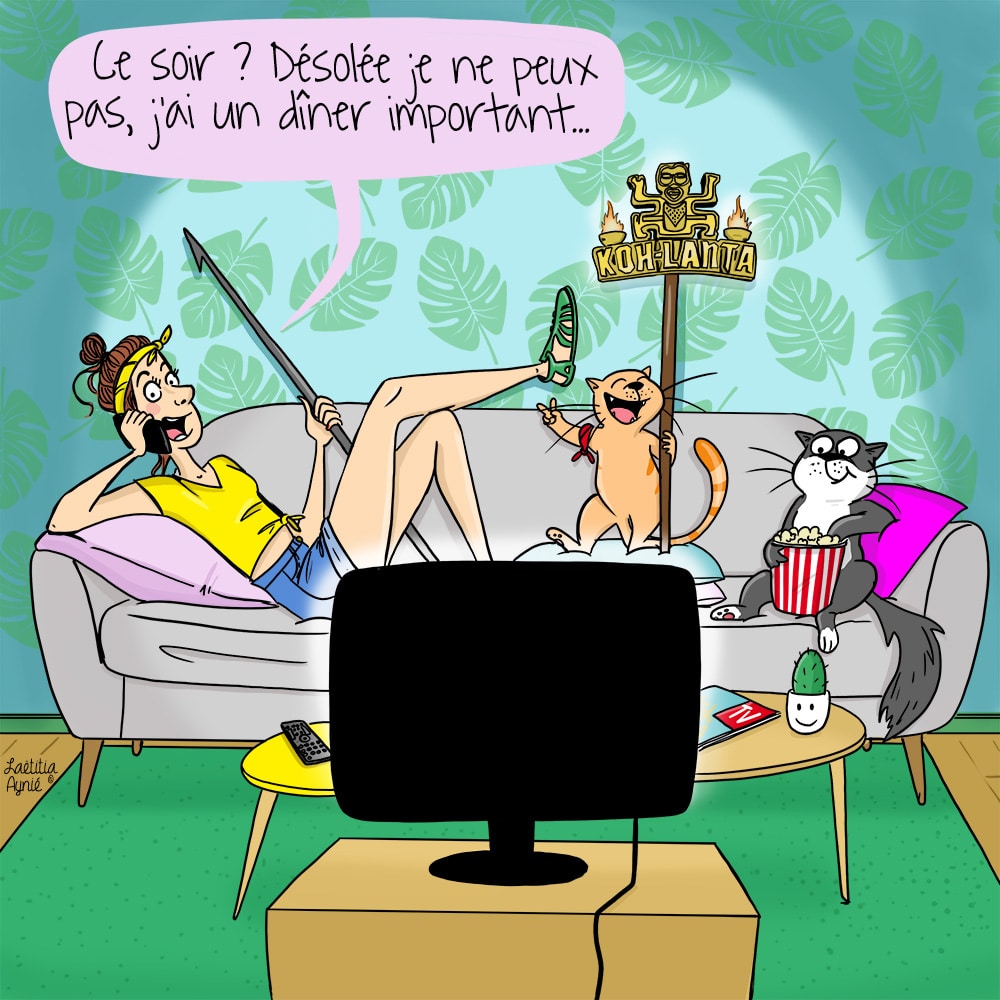 femme dans son salon television chats Laetitia aynié illustrations
