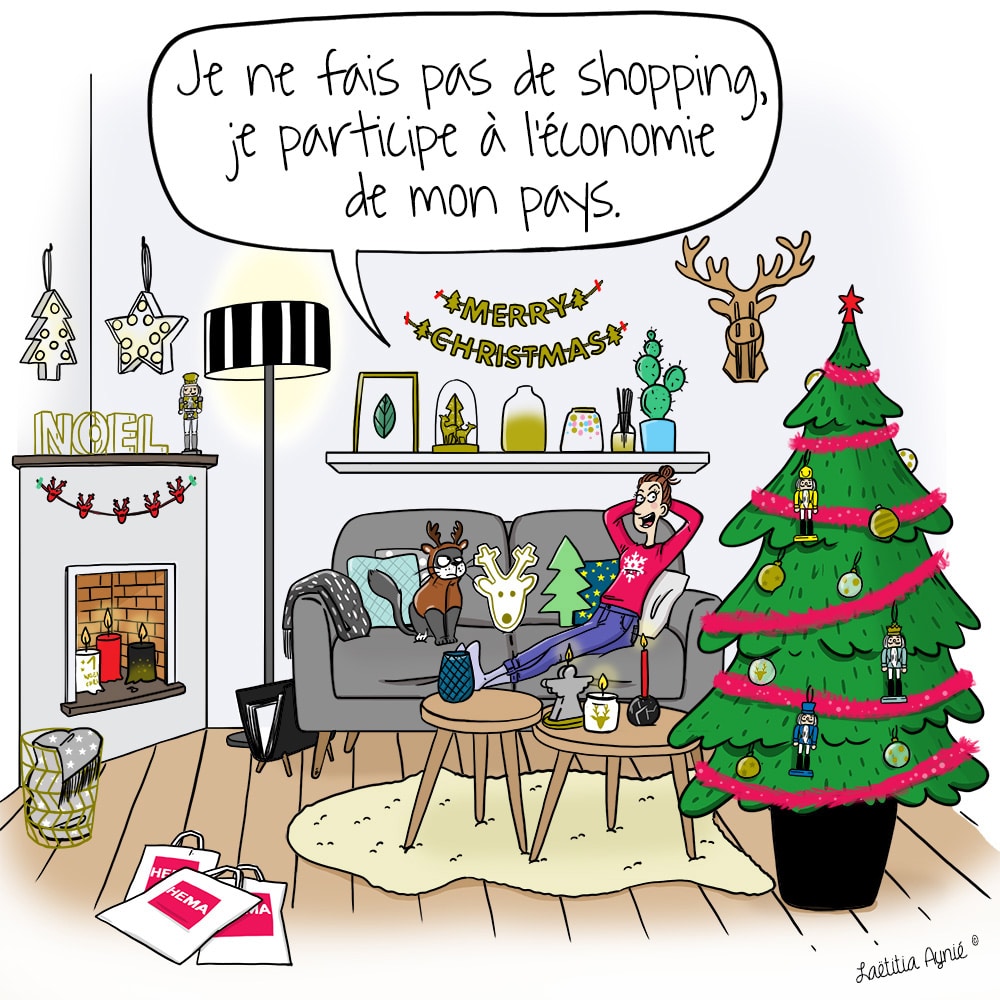 noel femme dans son  salon decoration hema Laetitia aynié illustrations