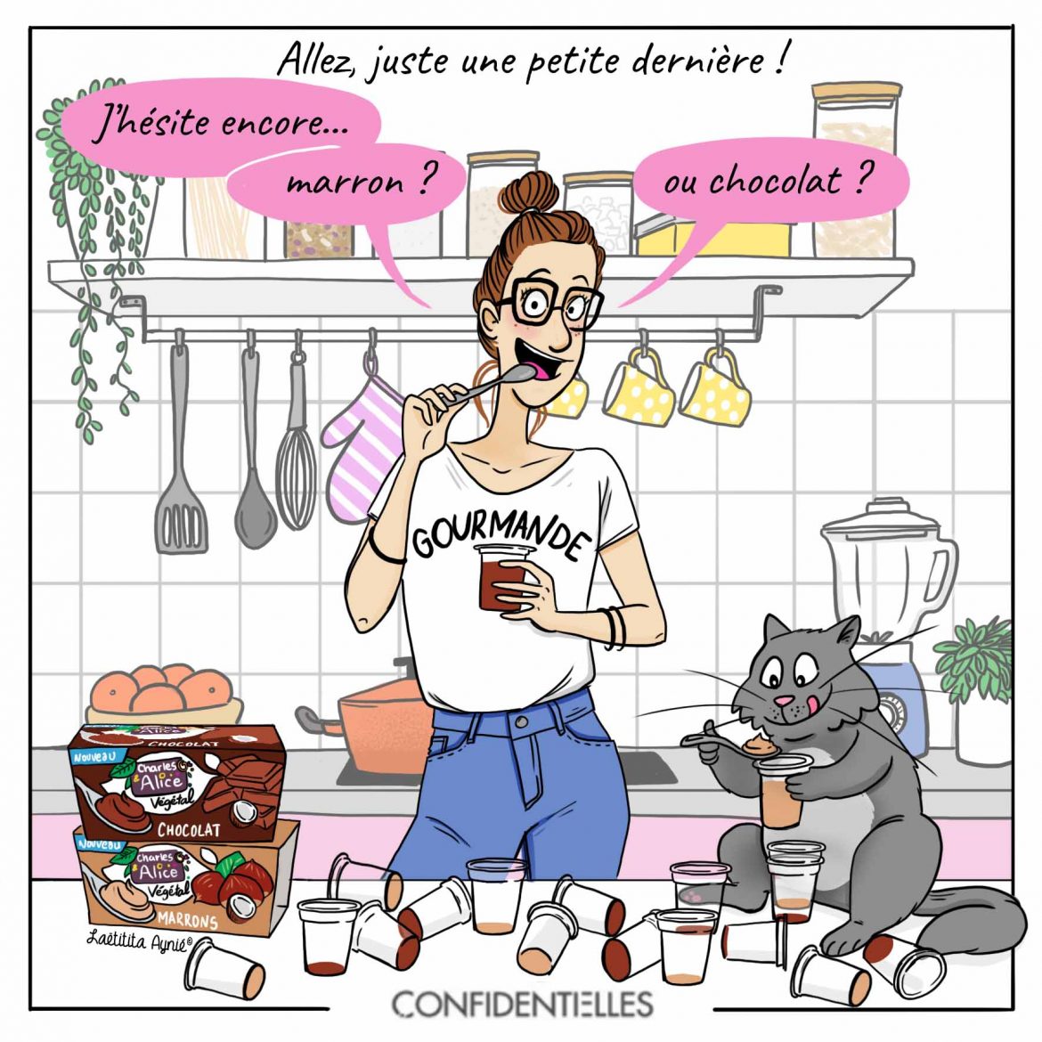 confidentielles_Charles et Alice_chat_femme_gourmande_chocolat _Laetitia aynié illustrations