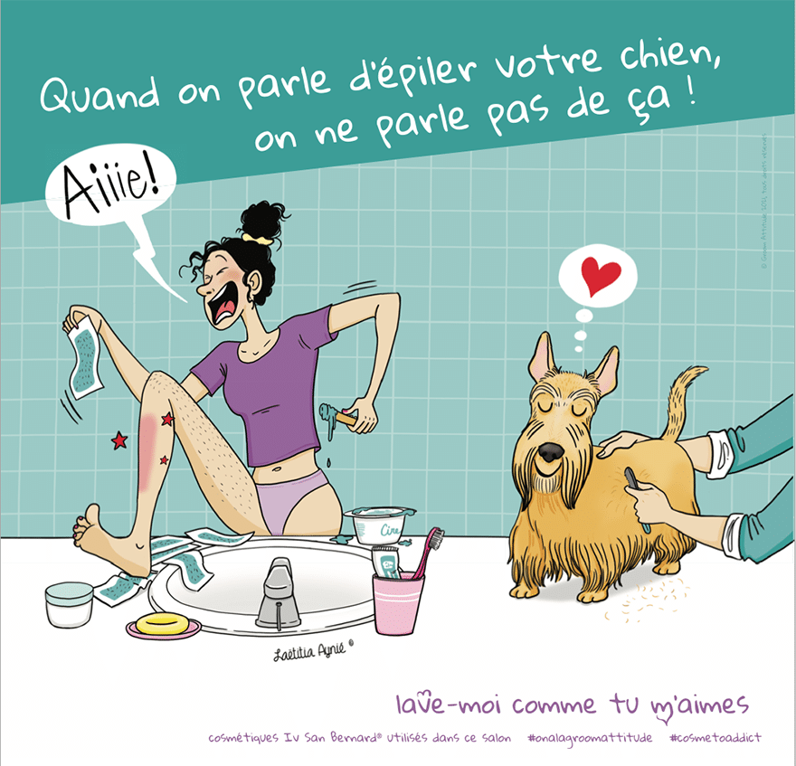 Affiche épilation du chien, humour, illustrations laetitia aynié, groom-attitude