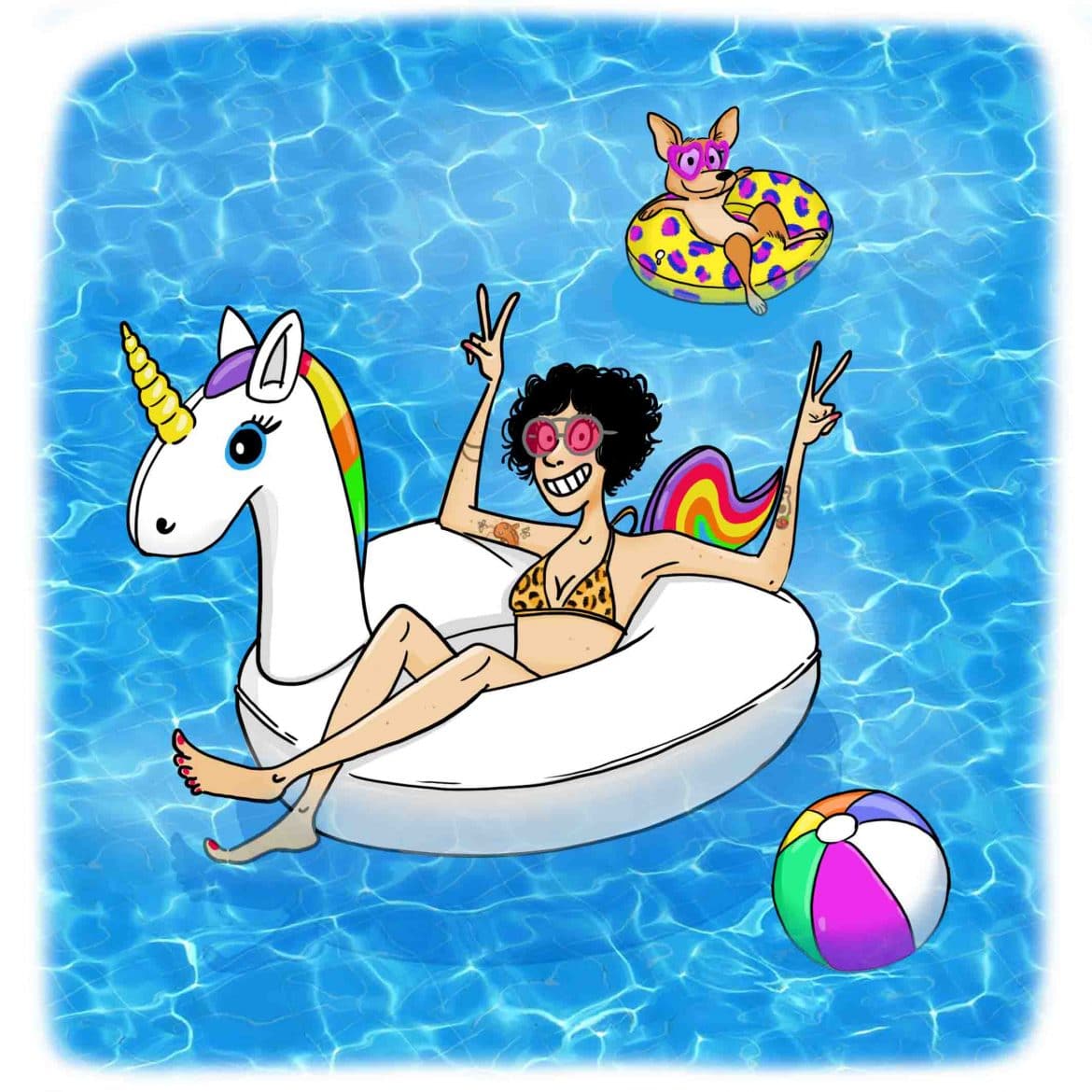 femme dans une bouée licorne et son chien  dans une piscine