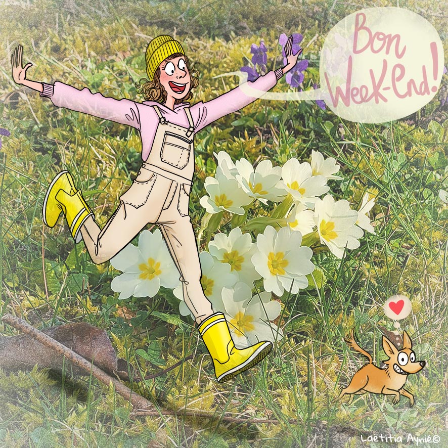 illustration Laetitia Aynié , bon week -end, primeveres , violettes, gazon , nature , chihuhahua ,femme salopette