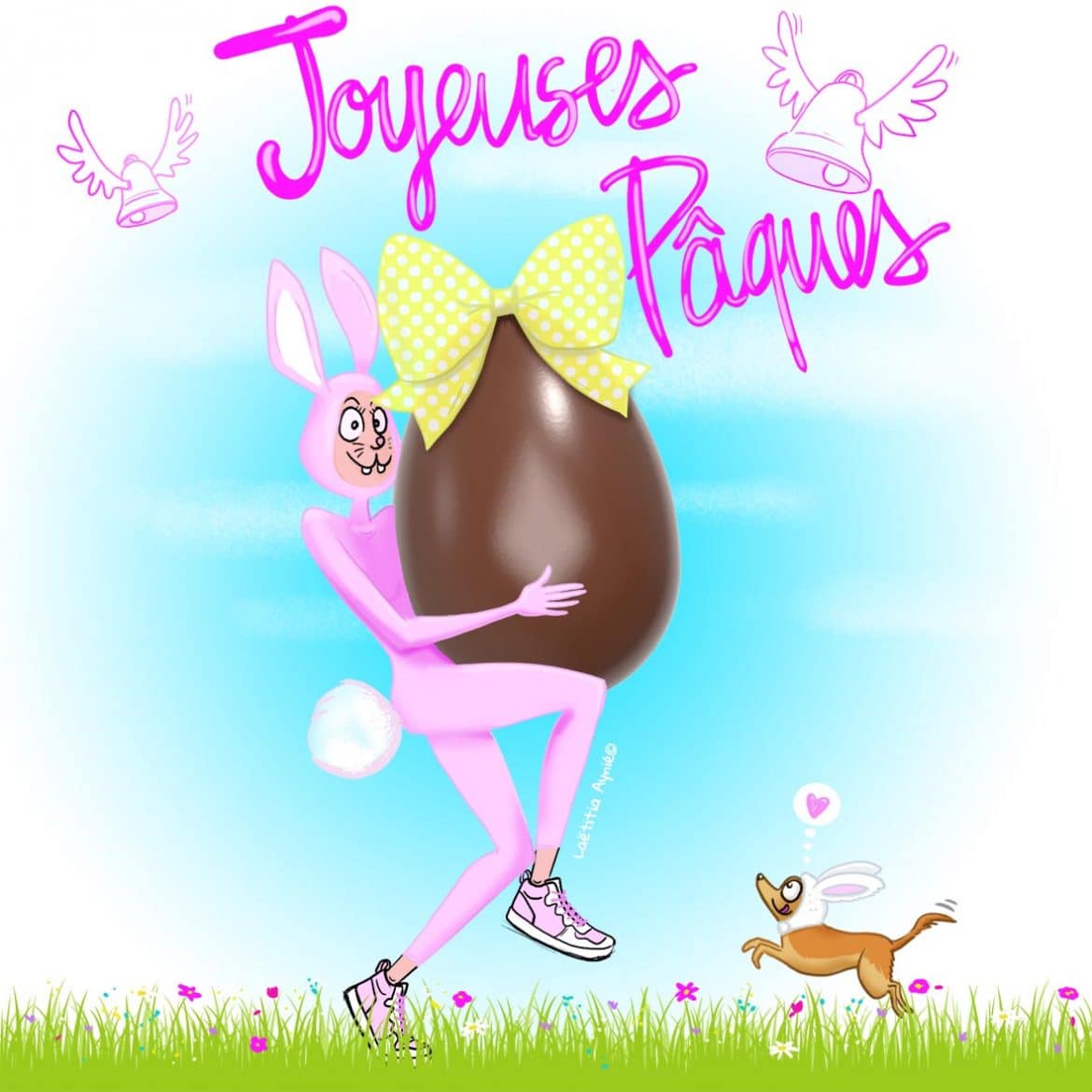 Joyeuses Pâques , fille déguisée en lapin qui tient un oeuf en chocolat ,chihuahua deguisé en lapin , cloche, harbes flaurs , illustration laetitia aynié