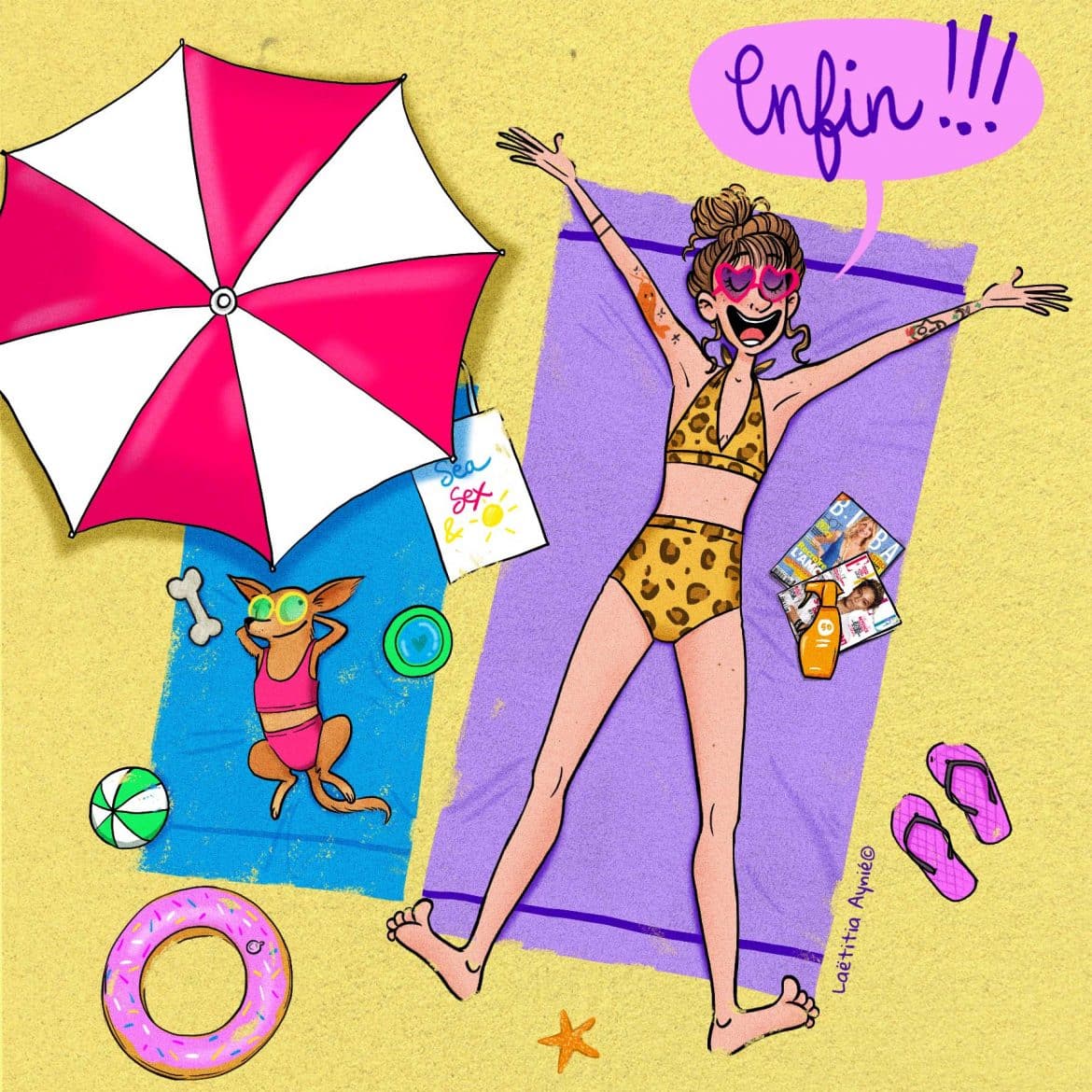 plage soleil farniente ,femme et son chihuahua, illustration laetitia aynié